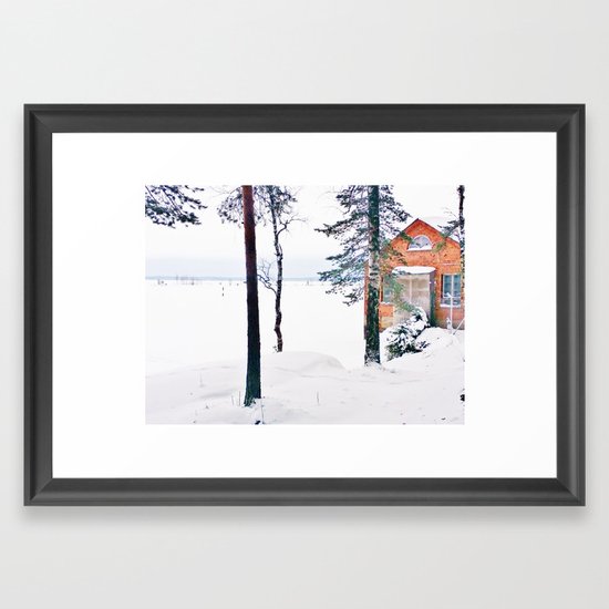 Icy Lake View With Red Brick House Framed Art Print By Poppyshome