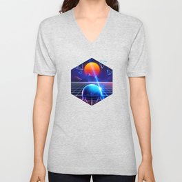 Neon sunset, mountains and sphere V Neck T Shirt