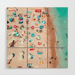 Coastal Beach Print, Aerial Ocean Beach Art Print, Summer Umbrellas On Beach, Holiday Time, Hot Sand Wood Wall Art