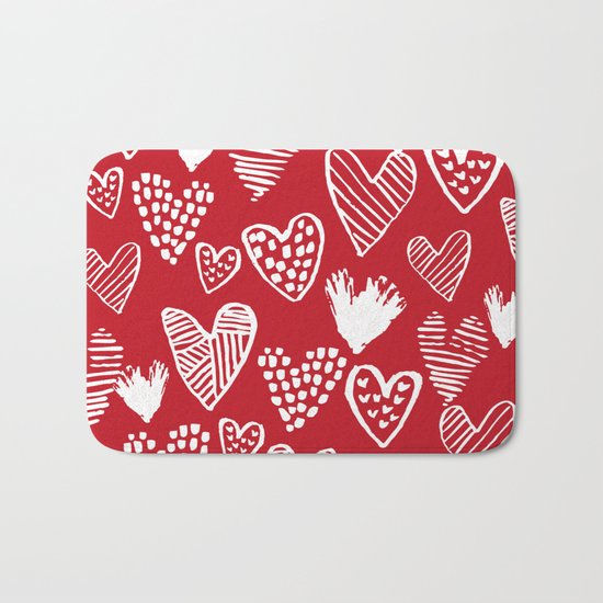 Herats red and white pattern minimal valentines day cute girly gifts hand drawn love patterns Bath Mat
