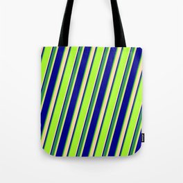 [ Thumbnail: Light Green, Tan, Dark Blue & Sea Green Colored Striped Pattern Tote Bag ]