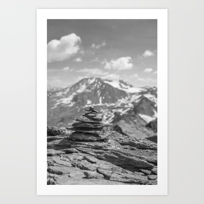 Black and white cairn in the french alps - vintage hiking mountains - landscape and travel photography Art Print