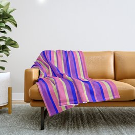 [ Thumbnail: Hot Pink, Pale Goldenrod, Dark Orchid & Blue Colored Stripes Pattern Throw Blanket ]