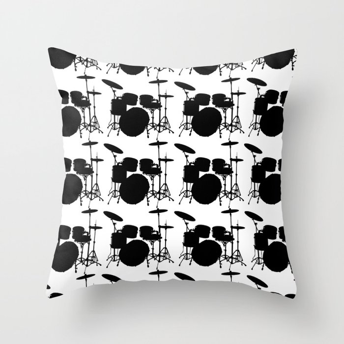 Drumset Pattern (Black on White) Throw Pillow
