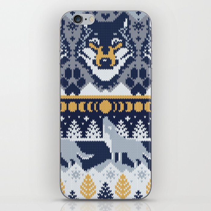 Fair isle knitting grey wolf // navy blue and grey wolves yellow moons and pine trees iPhone Skin