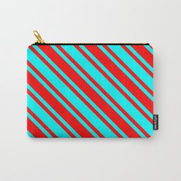 [ Thumbnail: Aqua and Red Colored Lined Pattern Carry-All Pouch ]