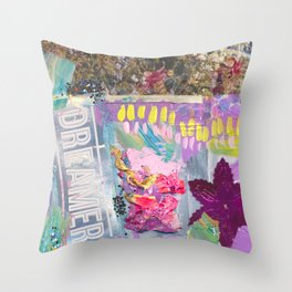 Dreamer Abstract Mixed Media Collage Painting with Glitter Throw Pillow