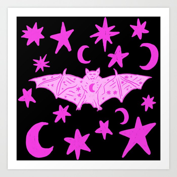 Witchy Bat with Moons and Stars, Pink over Black Art Print