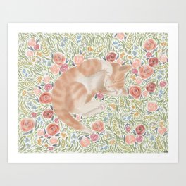 Sleeping Cat Art - Spring Florals Art Print | Cartoon, Roses, Digital, Cute, Watercolor, Beautiful, Print, Veterinarian, Pastel, Florals 