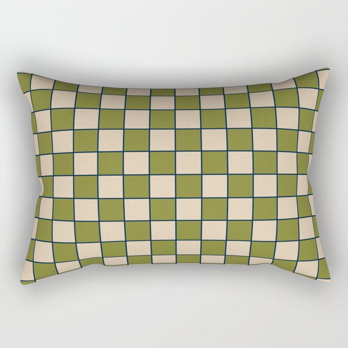 Retro Check Grid Pattern in Midcentury Modern Olive Green Navy Blue Beige Rectangular Pillow