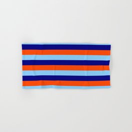 [ Thumbnail: Blue, Red, and Light Sky Blue Colored Pattern of Stripes Hand & Bath Towel ]