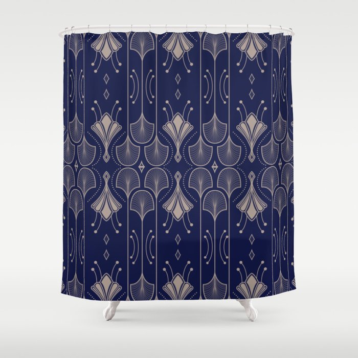 Lily Lake - Retro Floral Pattern Navy Blue Shower Curtain