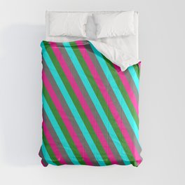 [ Thumbnail: Dim Gray, Deep Pink, Forest Green & Cyan Colored Stripes/Lines Pattern Comforter ]