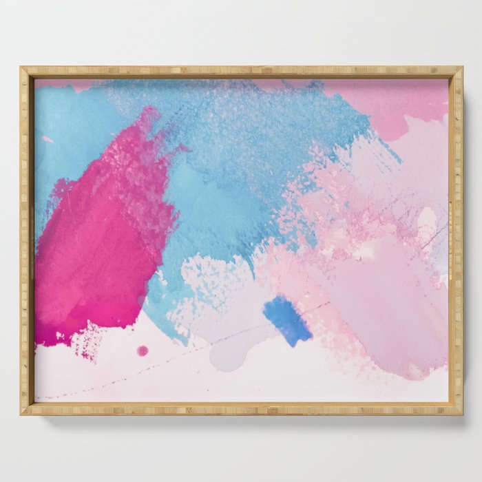 Hand Painted Abstract Magenta Pink Blue White Watercolor Strokes Serving Tray