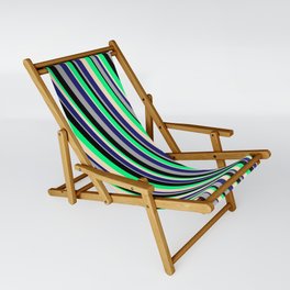 [ Thumbnail: Eyecatching Green, Bisque, Midnight Blue, Dark Grey, and Black Colored Lines/Stripes Pattern Sling Chair ]