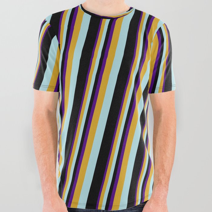 Indigo, Goldenrod, Powder Blue & Black Colored Lines Pattern All Over Graphic Tee