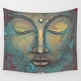 Rusty Golden Copper Buddha Face Watercolor Painting Wall Tapestry