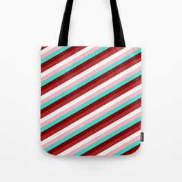 [ Thumbnail: Light Pink, Turquoise, Maroon, Red, and Mint Cream Colored Lined/Striped Pattern Tote Bag ]