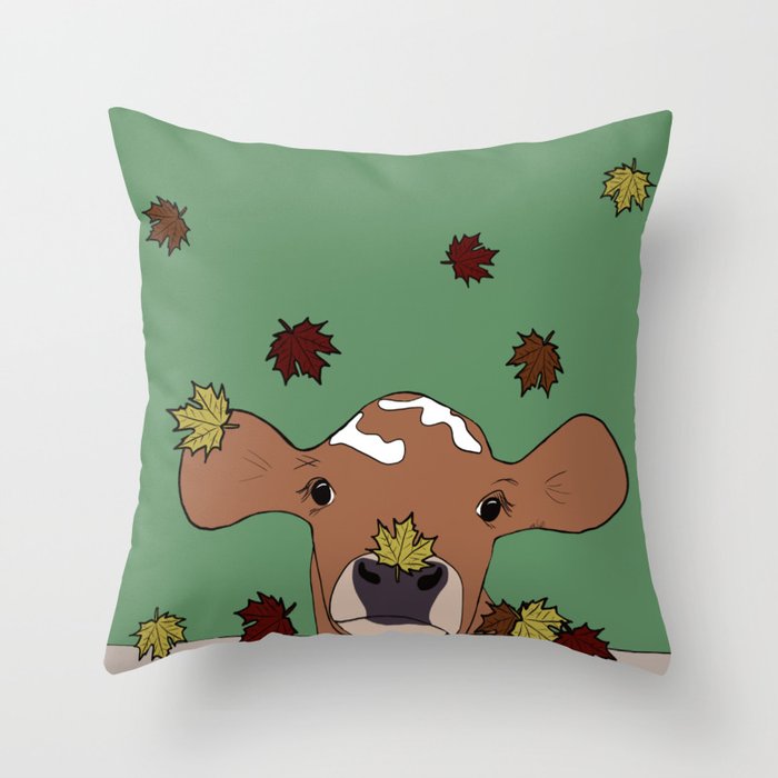 Bessie the Calf and Fall Leaves Throw Pillow | Drawing, Digital, Cow, Cattle, Calf, Bovine, Fall-decor, Autumn-decor, Autumn-leaves, Cow-decor