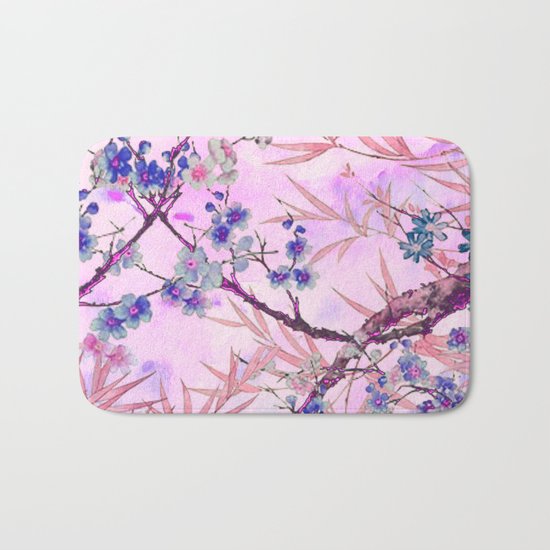 little blue flowers and pink leaves Bath Mat
