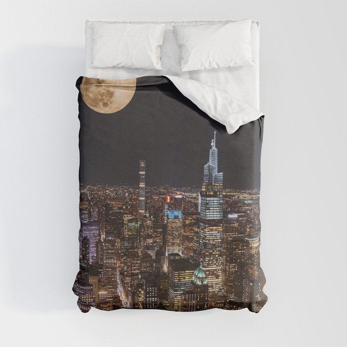New York City Full Moon | NYC Skyline at Night | Photography and Collage Duvet Cover