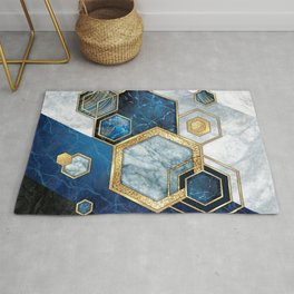 Art Deco Midnight Blue + Gold + White Marble Abstract Geometry Area & Throw Rug