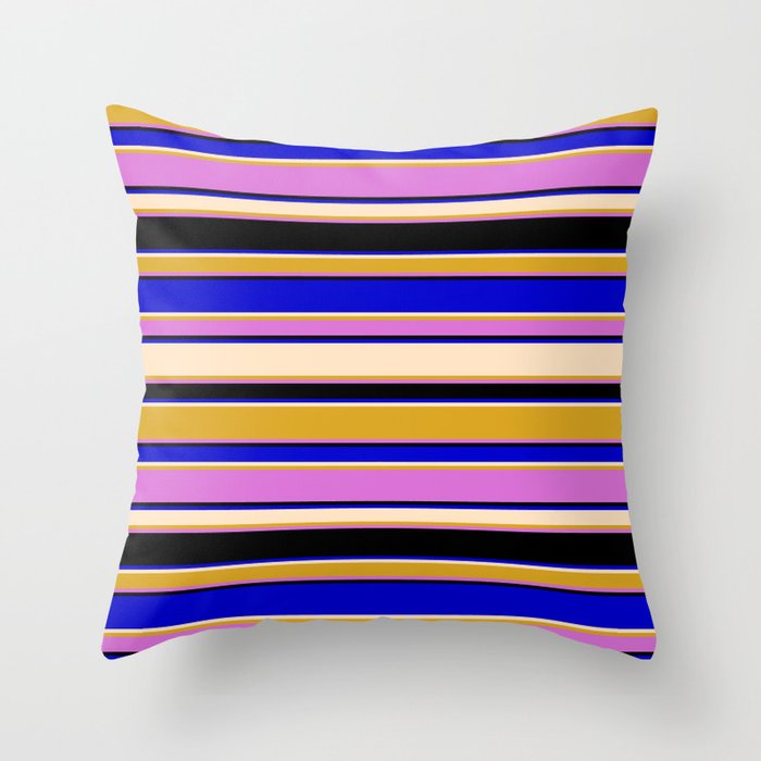 Colorful Blue, Bisque, Goldenrod, Orchid, and Black Colored Stripes Pattern Throw Pillow