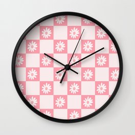Groovy Pink Floral Checkered Pattern  Wall Clock