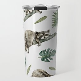 Watercolor pattern with cute raccoon and tropical leaves Travel Mug