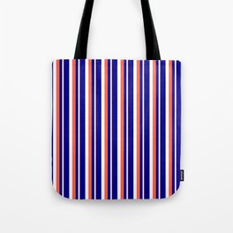 [ Thumbnail: Red, White, and Dark Blue Colored Stripes Pattern Tote Bag ]