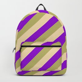 [ Thumbnail: Dark Khaki, Tan, and Dark Violet Colored Striped Pattern Backpack ]