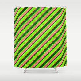 [ Thumbnail: Dark Green, Green & Light Coral Colored Striped Pattern Shower Curtain ]