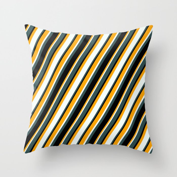 Orange, Mint Cream, Dark Slate Gray, and Black Colored Lined/Striped Pattern Throw Pillow