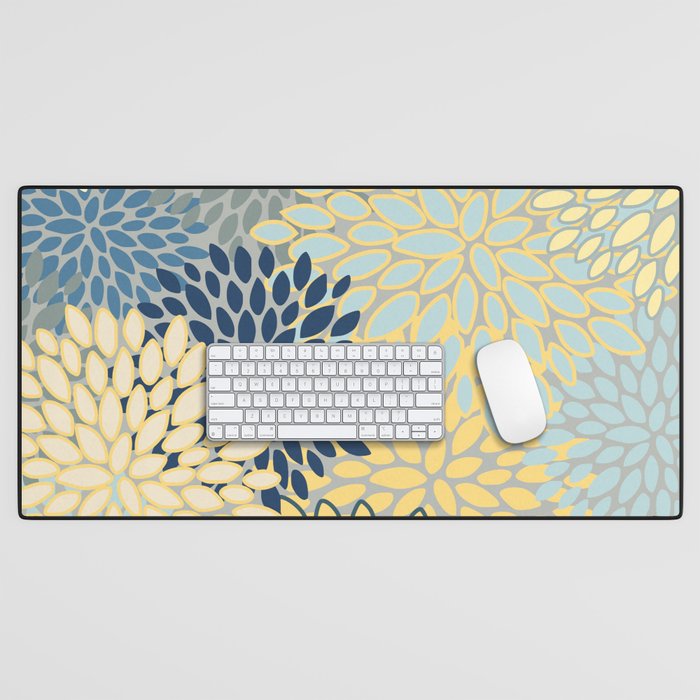 Modern, Abstract, Flower Garden, Blue, Yellow, Gray Desk Mat