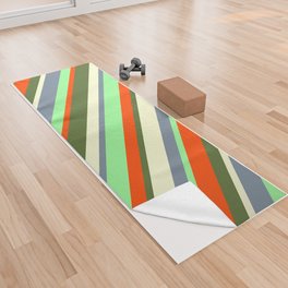 [ Thumbnail: Eyecatching Green, Light Slate Gray, Light Yellow, Dark Olive Green, and Red Colored Lined Pattern Yoga Towel ]