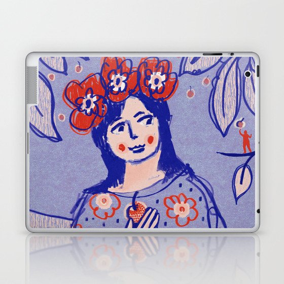 Whimsical Woman Figure Portrait with Flower Crown and Cherries. Modern Feminine Boho Cherry Fruit Art Print for Modern Gallery Wall Decor Laptop & iPad Skin