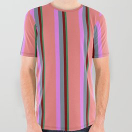 [ Thumbnail: Vibrant Sea Green, Maroon, Light Slate Gray, Violet & Light Coral Colored Stripes Pattern All Over Graphic Tee ]