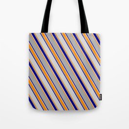 [ Thumbnail: Dark Grey, Dark Blue, Light Gray & Dark Orange Colored Lines/Stripes Pattern Tote Bag ]