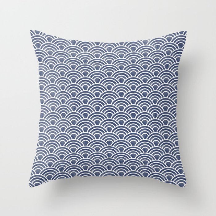 Dark Blue Japanese Seigaiha Wave - Watercolor Ocean Art, Classic Blue Pattern Throw Pillow