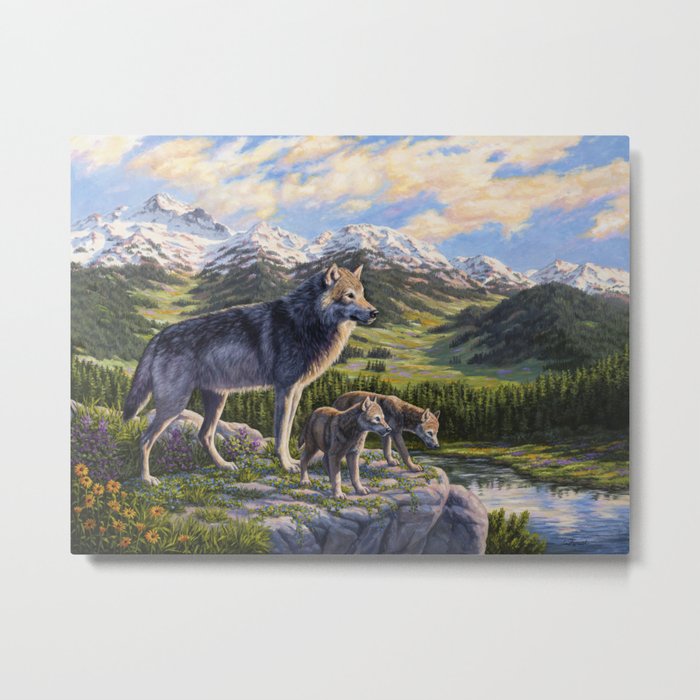Mother Gray Wolf and Pups River Valley Metal Print