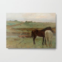 Horses in the meadow by river landscape Metal Print | Vintageart, Oilpainting, Vintageoilpainting, Boats, Steamboats, Retroart, Farmhouses, Horses, Fineartpainting, Homegoods 