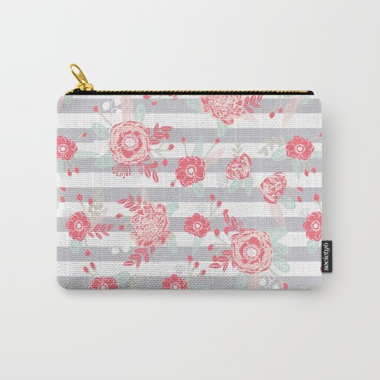 Elli - gender neutral florals grey stripe pattern modern nursery home decor Carry-All Pouch