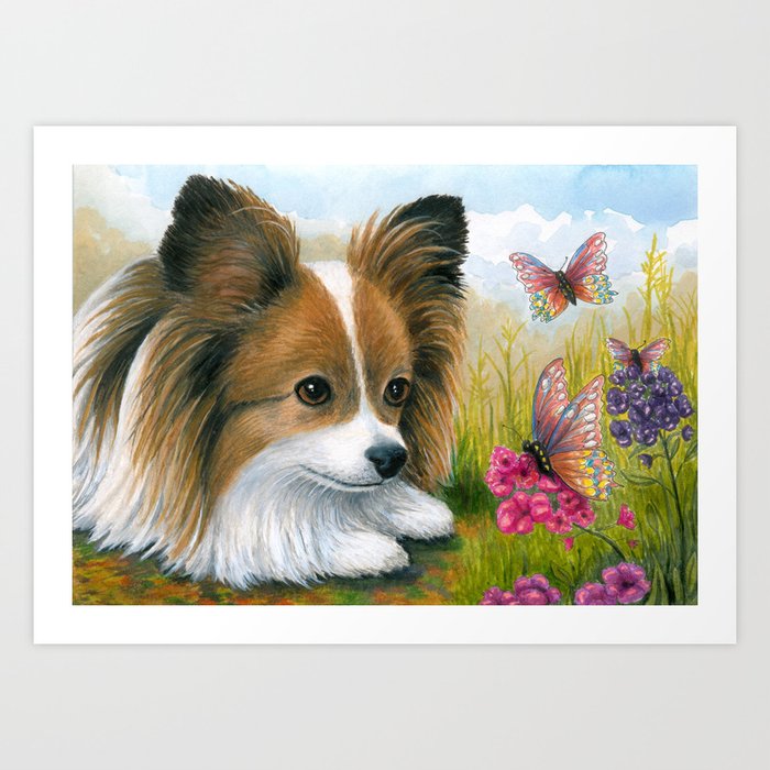 Papillon Dog with butterflies Art Print