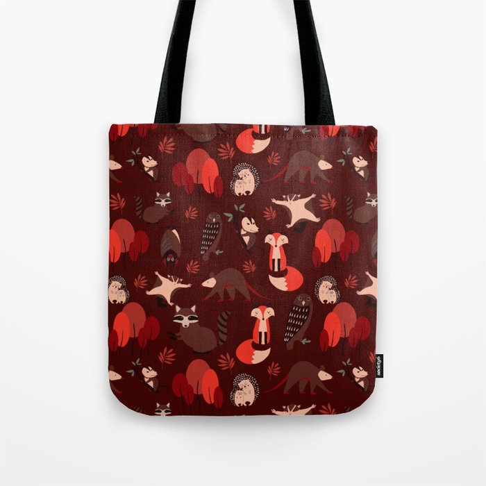 Woodland Nocturnal Animals Red Tote Bag