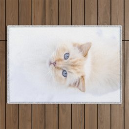 White ragdoll cat with blue eyes in snow, looking in camera Outdoor Rug