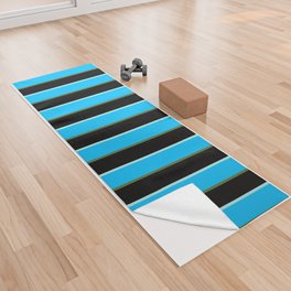 [ Thumbnail: Turquoise, Deep Sky Blue, Dark Olive Green, and Black Colored Stripes/Lines Pattern Yoga Towel ]