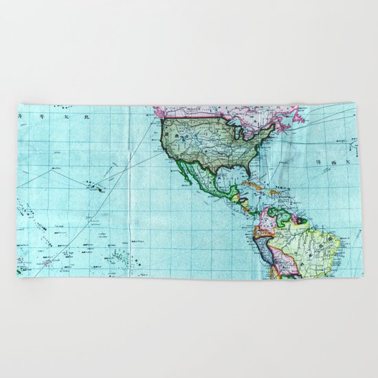 Turquoise Map Pattern Beach Towel