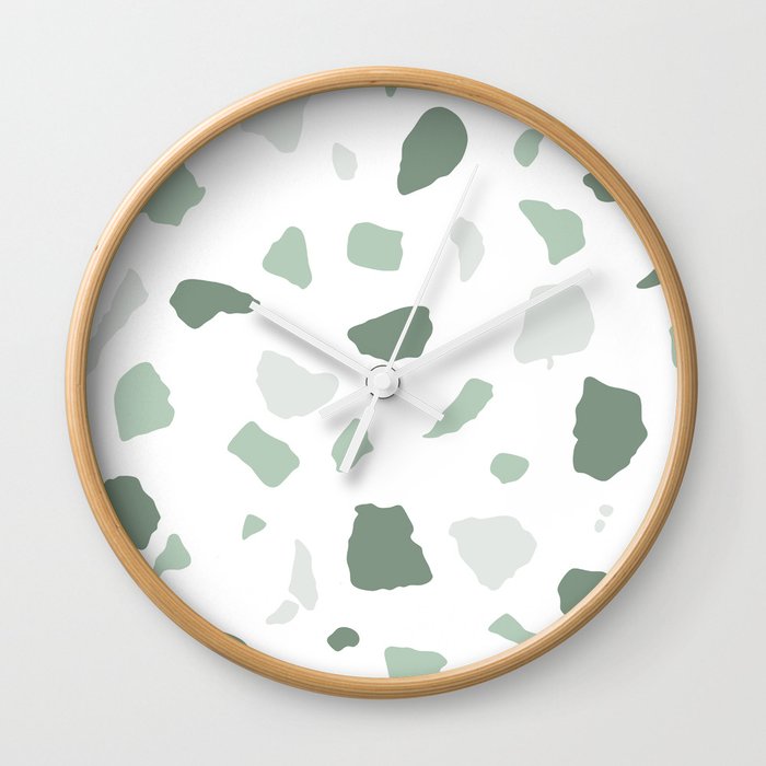 abstract terrazzo stone pattern sage green white Wall Clock