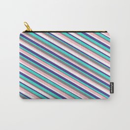 [ Thumbnail: Vibrant Gray, Pink, White, Dark Slate Blue & Turquoise Colored Striped Pattern Carry-All Pouch ]