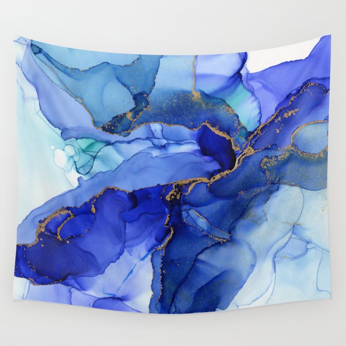 Abstract Iris Blue Floral Ink Wall Tapestry